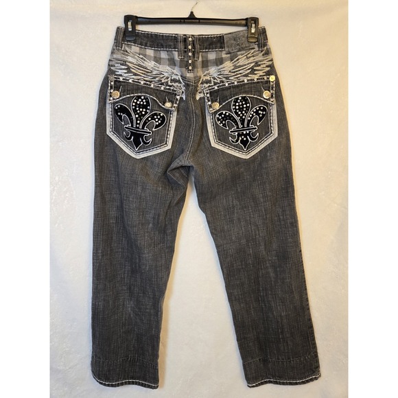 Victorious Mens Denim Jeans 36×32 Black Decorated Pockets Silver And Black Y2K - Picture 2 of 11